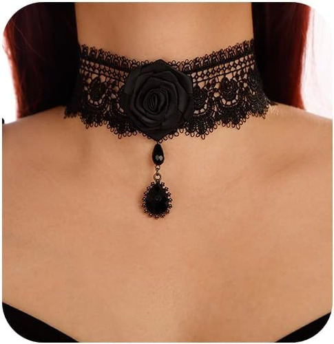 Collar Gargantilla De Encaje Negro Con Diseño De Flores  Gar