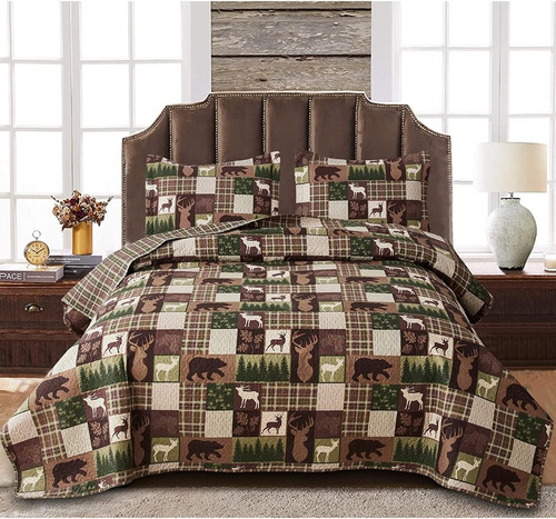 Ropa De Cama Cuadros Reversible Lodge Moose Bear Edredã...