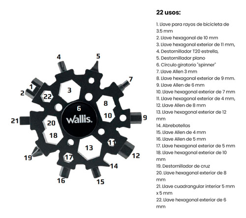 Multiherramienta Universal Portátil Wallis, K900381, 22 Usos, acero inoxidable, Negro