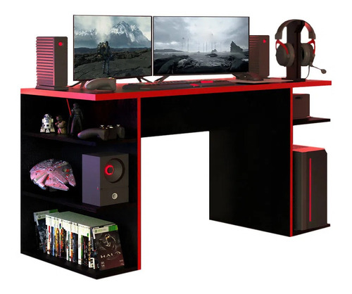 Escritorio gamer Madesa Mesa para computador gamer 9409 mdp de 136cm x 75cm x 60cm negro y rojo