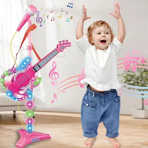 Contixo TG4 - Juego de guitarra musical y micrófono para niños, kit de inicio de juguetes de guitarra eléctrica púrpura con soporte de micrófono de altura ajustable, juguete de karaoke para