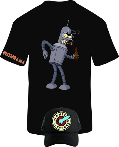 Camiseta Manga Corta Bender Robot Drink Beer Obsequio Gorra