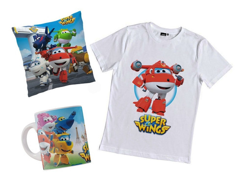 Remera Super Wings Combo Con Taza Y Almohada