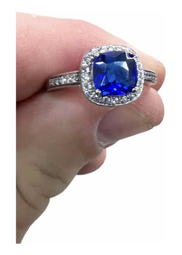 Anillo Mujer De Plata 925 Importante Fiesta Con Cubic Azul !