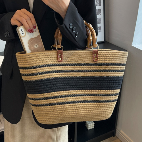 Bolsos De Playa De Moda Con Mango De Bambú, Algodón Tejido A