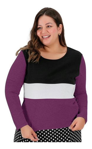 Blusa Manga Longa De Algodão Com Recortes Plus Size Feminina