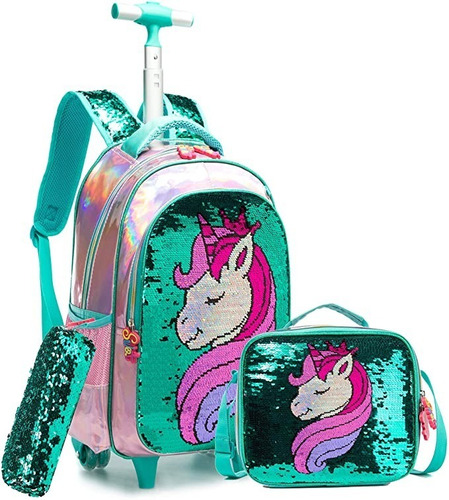 Mochila Lonchera Escolar Viaje Unicornio Lentejuela Green