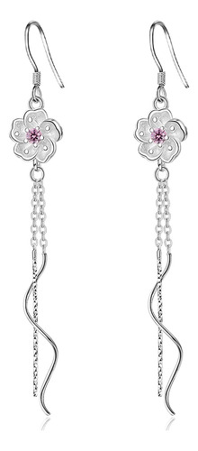 Aretes Largos Chapados En Plata Con Cristal Rosa Bloming Flo