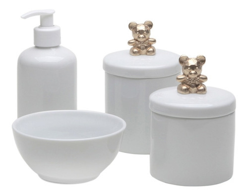 Kit Higiene Porcelana Bebe Potes Molhadeira Coroa Dourada Cor Ursinho Dourado