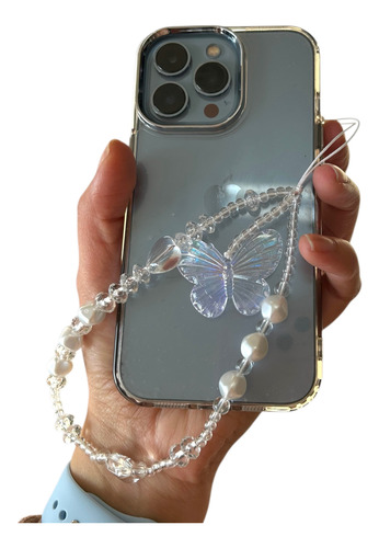 Strap Correa Con Diseños Para Celular Todo Tipo De Funda Mariposa Blanca/perlitas Transparentes