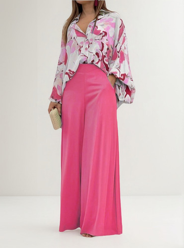 Conjunto Camisa Con Estampado Suelto Y Pantalón Ancho