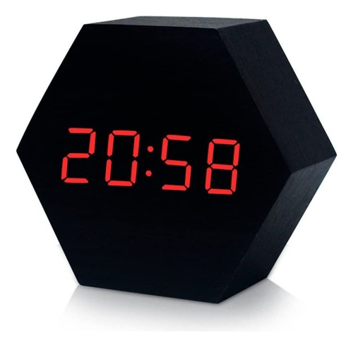 Reloj Y Despertador Minimalista Madera Led Digital Hexágono Color Negro Con Rojo