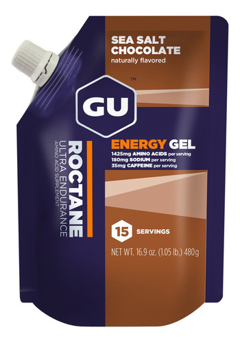 O gel de carboidratos GU Roctane Energy Gel complementa o sabor de chocolate com sal marinho em um sachê de 480 g