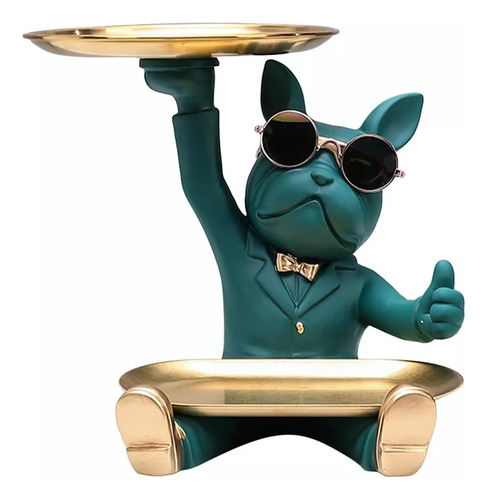 Escultura De Bulldog Francés, Figura De Perro Con Bandeja, Color Verde