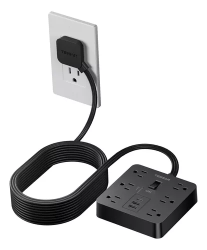 Regleta de alimentación de enchufe plano, cable de extensión plano  ultrafino de 10 pies con múltiples tomas, 6 tomas, 3 puertos USB (1 USB C),  regleta