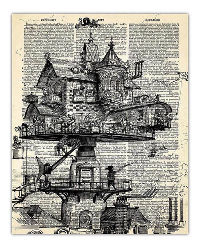 Steampunk Aerial House Dictionary Wall Art Print: Unique Ro.