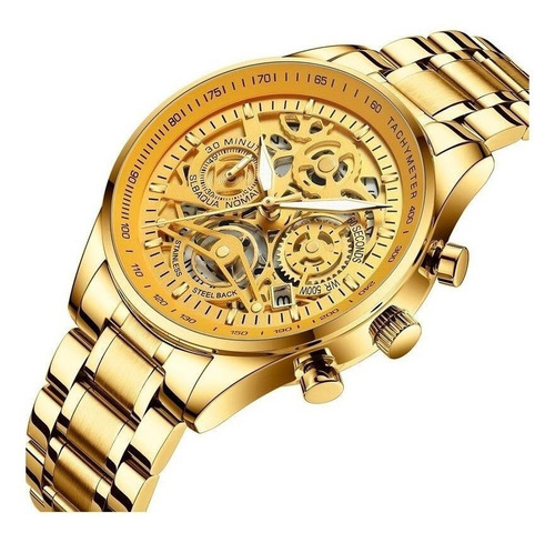 Reloj de pulsera Nibosi NI2385 de cuerpo color dorado, analógico, para hombre, fondo dorado, con correa de acero inoxidable color dorado, agujas color blanco y dorado, dial dorado, subesferas color dorado, minutero/segundero negro, bisel color dorado y mariposa