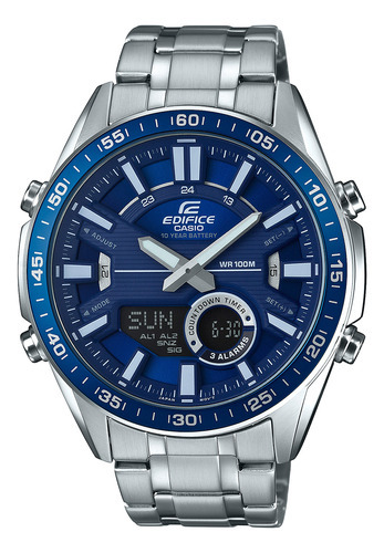 Reloj Hombre Casio Efv-c100d-2avdf Edifice Color De La Correa Plateado Color Del Bisel Azul Color Del Fondo Azul