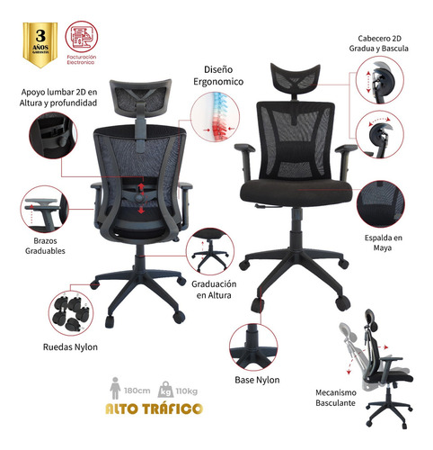 Silla De Oficina Virginia Estructura Negra Mecanismo Basculante Brazos Graduables Cabecero Graduable 2D Apoyo Lumbar 2D