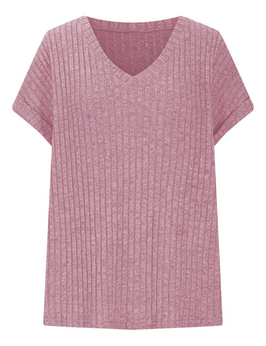 Top De Manga Corta De Punto A Rayas Con Cuello En V De Color