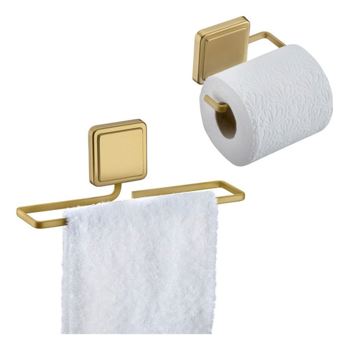 Kit Toalheiro Porta Papel Higiênico Banheiro Adesivo Dourado