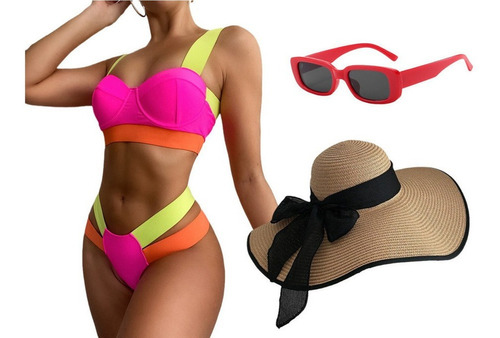 Bikini Set Lentes De Sol Uv400 Gratis+gorro De Playa