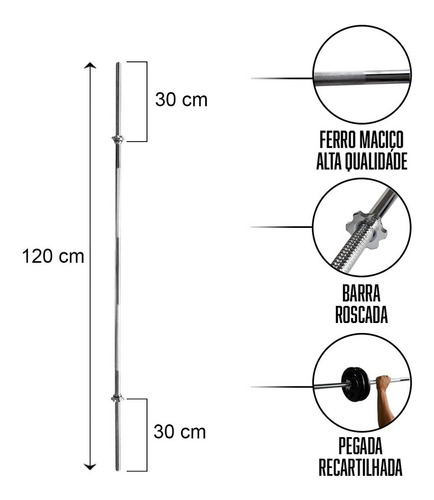 Barra Academia Reta 120cm Maciça Com Rosca Profissional Cor Prateado