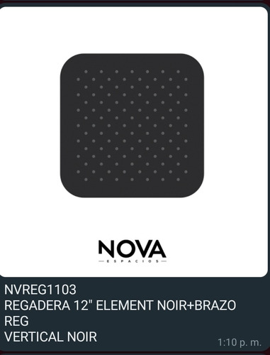 Nova Regadera Element Noir 12 Nvreg1003 Sin Brazo  