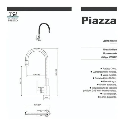 Grifo De Cocina Monocomando Piazza Emblem 10016 Blanco