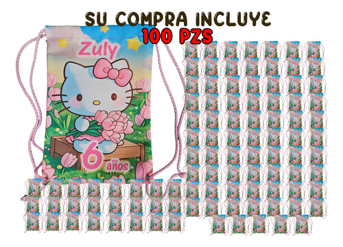 Dulcero Morralitos Mochilita Hello Kitty Cumpleaños 100 Pz Rosa Pálido Hello Kitty Tulipanes