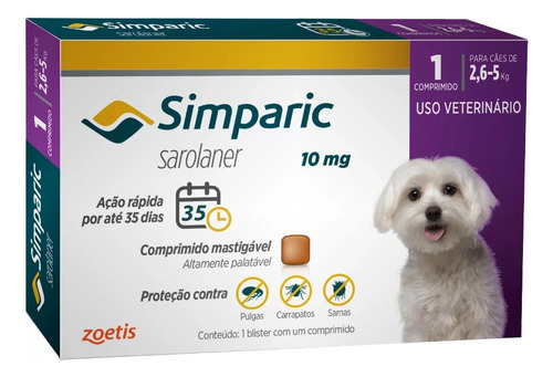 Simparic 10mg- Antipulgas/carrapatos 2,6-5kg 1 Comprimido