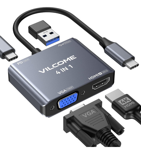 Adaptador Usb C Vga Multipuerto Vilcome Tipo Hdmi 4 1 3 4k W