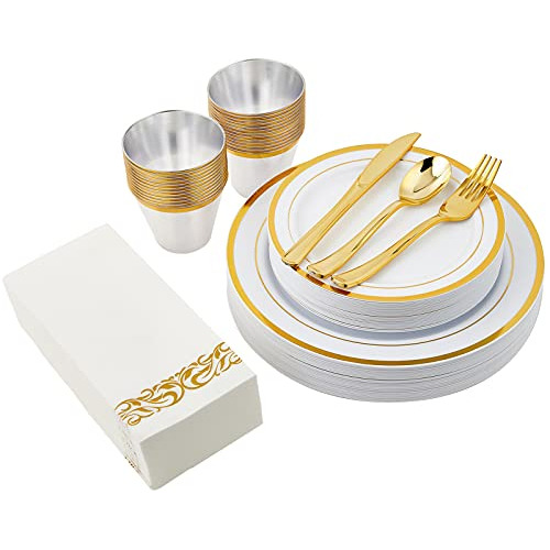 175pcs White And Gold Rim Disposable Dinnerware Sets Fo...