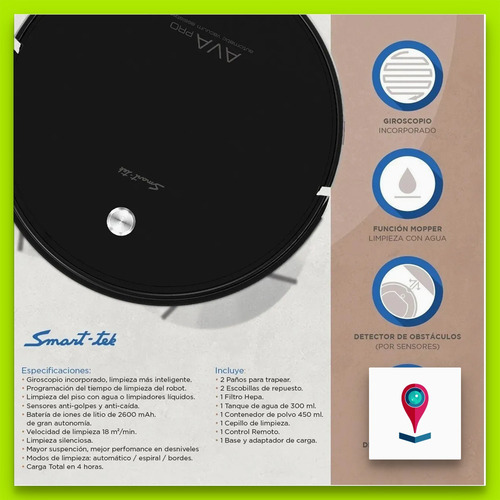 Imagen 6 de 7 de Smart-tek Ava Pro Aspiradora Robot C/giroscopo Y Mopa