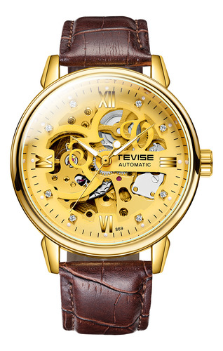 Reloj Con Correa De Cuero Genuino, Dorado, Masculino, Lumino