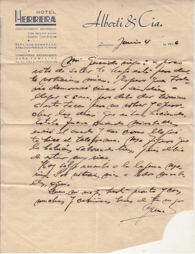 1946 Lascano Rocha Carta Manuscrita Papel Hotel Herrera Raro