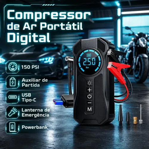 Compressor De Ar Digital Portatil Com Auxiliar De Partida Powerbank Tela Led Mini Bomba Para Carro Moto E Bola
