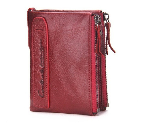 Cartera Billetera Doble Zipper Piel Genuina Unisex