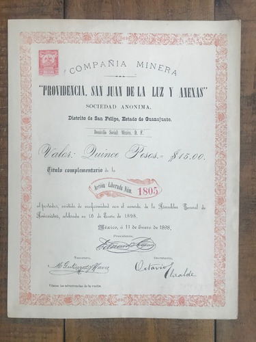 Acción/bono  Compañía Minera Providencia, San Juan - 1898  