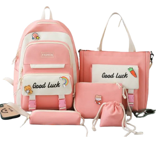 Kit De Mochila Juvenil #510 Incluye 5 Pzs Moda Kawaii