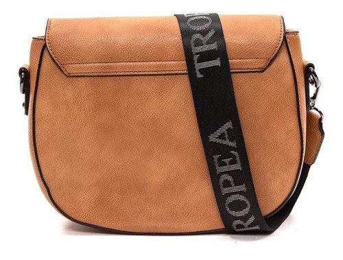 Bolsa de ombro marrom lisa Tropea Lea com alça de ombro preta e branca e ferragens de metal