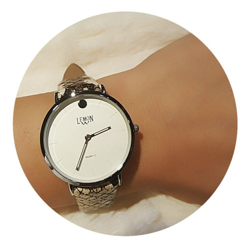 Reloj Lemon Malla Print Marrón L1543-04 Con Cuadrante Blanco