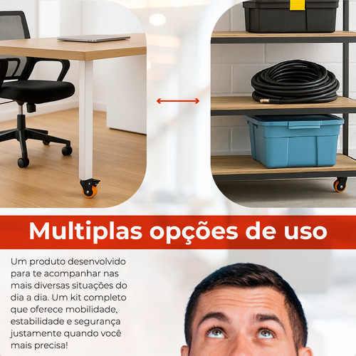 Kit 4 Rodinhas Rodízio 2 Polegadas Para Moveis Capacidade 400kg Com Trava Para Moveis, Carrinhos, Bancadas De Trabalho Marca Davely
