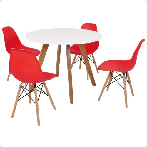 Mesa Inês 100cm Branca + 4 Cadeiras Eames Eiffel Cor Vermelha