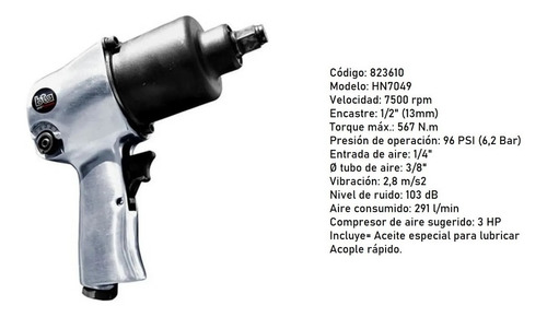 Imagen 2 de 3 de Llave Pistola Impacto Neumática Enc 1/2 567 Nm Bta Hn7049