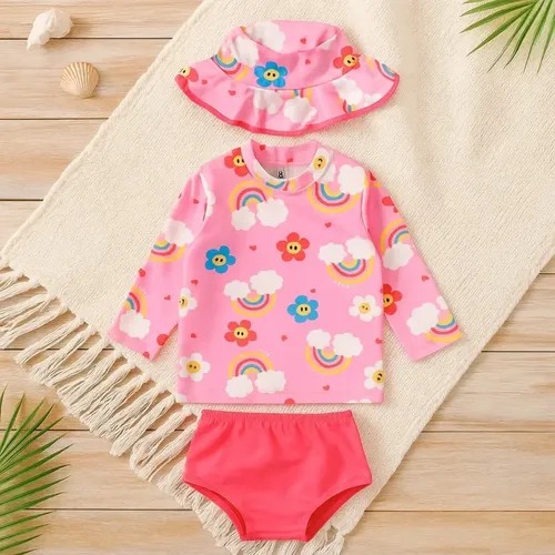 Conjunto Praia Bebe Infantil Proteção Uv 50+ Menina 3 Peças Rosa Arco-íris 3-6 M