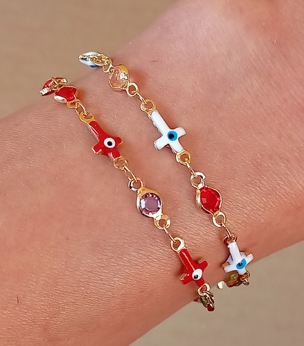 Set 2 Pulseras Ojos Turcos Acero Inoxidable Y Estilo Cristal