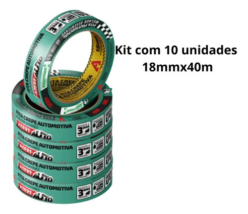 Fita Crepe Automotiva Verde Adere 18mmx40m Kit Com 10