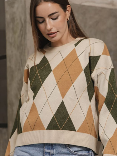 Sweater Rombos Mujer Vintage Tejido Suave Otoño Invierno