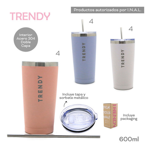 Vaso Termito Trendy 600ml Acero Inoxidable Frío Calor